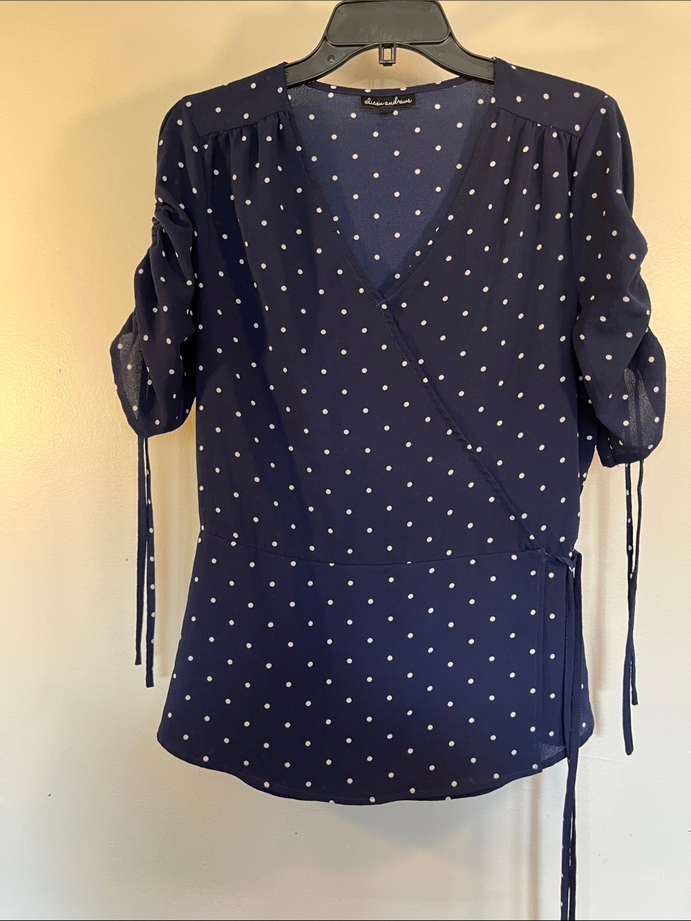 Anne Klein Navy Polka Dot Wrap Blouse with Tie Sleeves